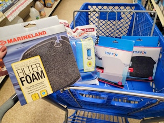 cart with aquarium filter supplies on clearance