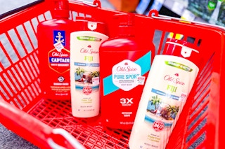 4 bottles of old spice body wash in a basket