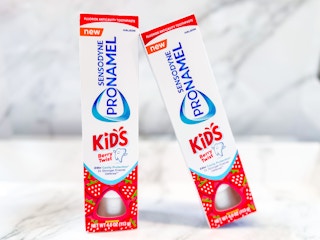 2 Kids Sensodyne pronamel toothpastes side by side with a marble background