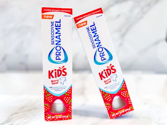 2 Kids Sensodyne pronamel toothpastes side by side with a marble background