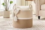 neutral tone blanket basket in living room