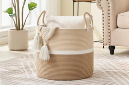 neutral tone blanket basket in living room