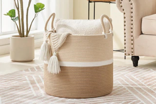 neutral tone blanket basket in living room