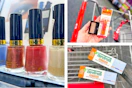 collage image of revlon nail polish, maybelline eyeshadow and baby lips, and therabreath toothpaste