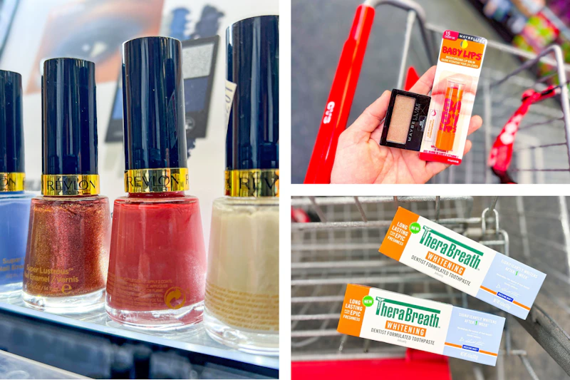 collage image of revlon nail polish, maybelline eyeshadow and baby lips, and therabreath toothpaste