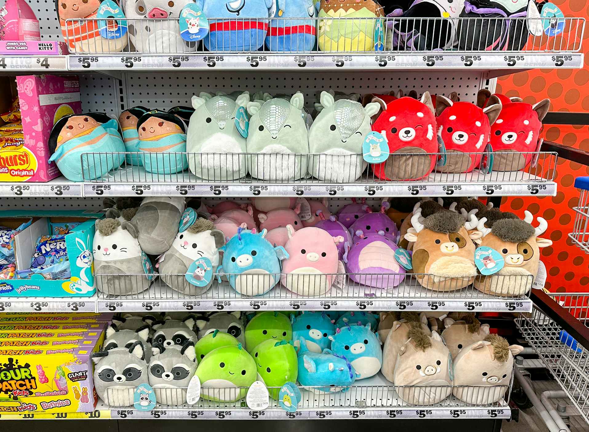 A shelf of Squishmallows at Five Below