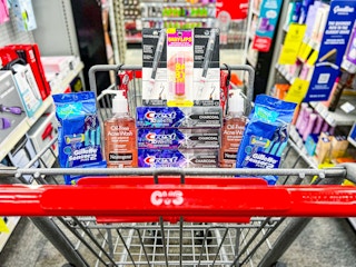 gillette, crest, neutrogena, covergirl and maybelline products inside cart