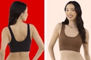 Woman wearing a brown and black No Boundaries Seamless Bras (front and back view)