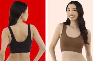 Woman wearing a brown and black No Boundaries Seamless Bras (front and back view)