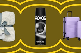BH&G white blanket, Axe Blacl body spray, Travelhouse purple luggage set