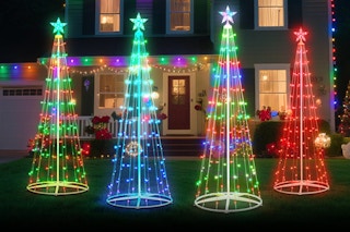 Minetom 7.5Ft Smart LED Christmas Cone Tree outside a house at night lit up.