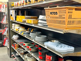 dog bowls on shelves