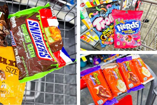 collage image of snickers, reese's, trolli, and nerds candy