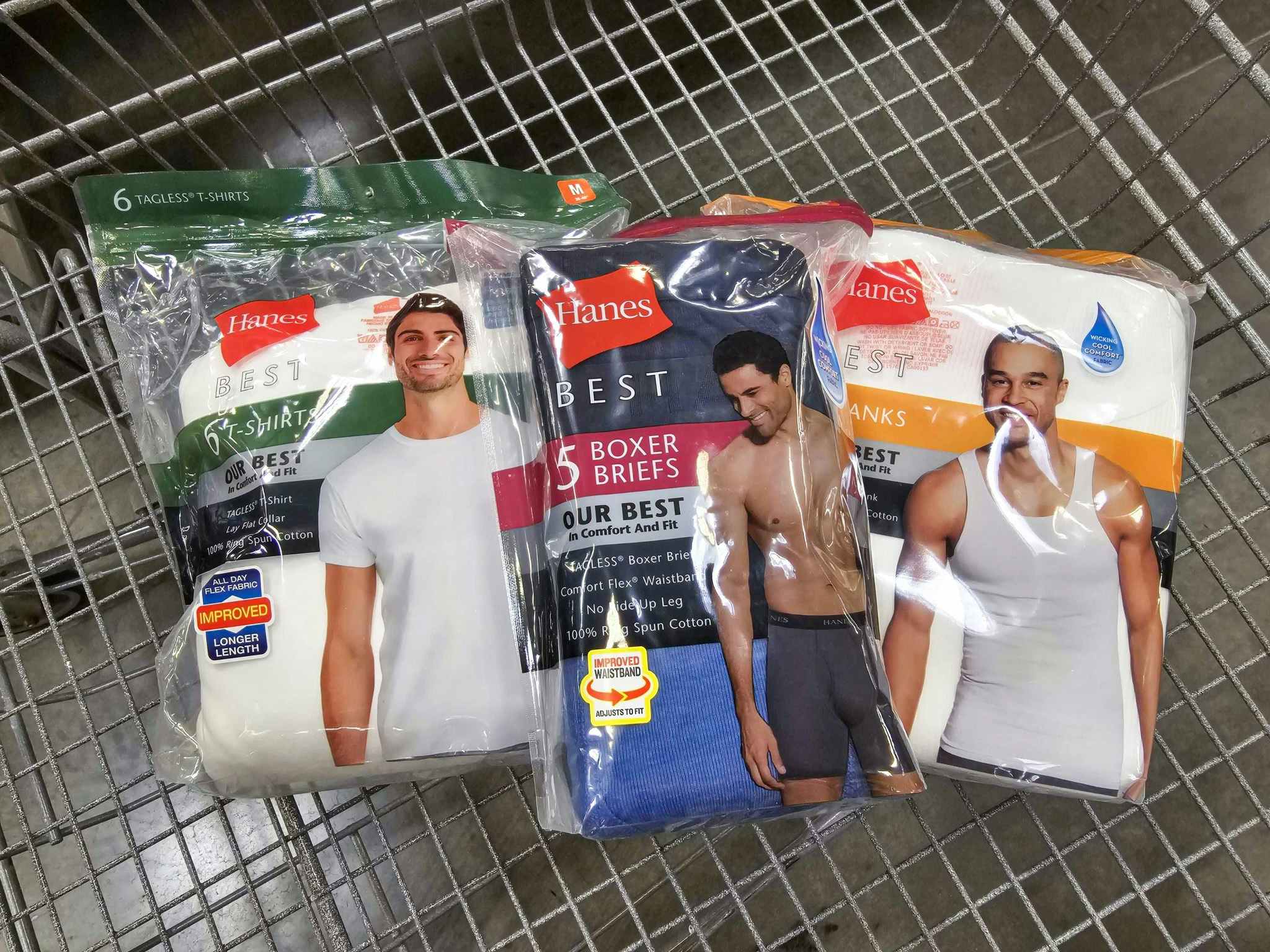 hanes mens shirts and boxer briefs in a cart