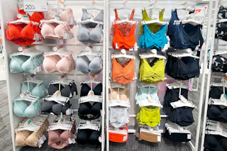 womens bras sitting on a target shelf