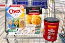 chobani flip yogurts, folgers coffee, chex cereal, and red lobster biscuit mix in a cart