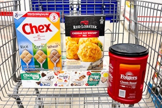 chobani flip yogurts, folgers coffee, chex cereal, and red lobster biscuit mix in a cart