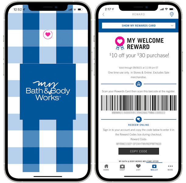 Cell phone screens displaying the My Bath & Body Works app home screen and a My Welcome Reward coupon.