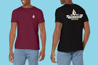 Two men wear a Volcom short sleeve tee. The port shirt is showing the front and the black shirt is showing the back.