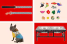 collage image of a dog leash, cat toys, raised food bowls, and dog in a toy story outfit
