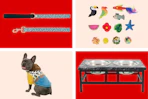 collage image of a dog leash, cat toys, raised food bowls, and dog in a toy story outfit
