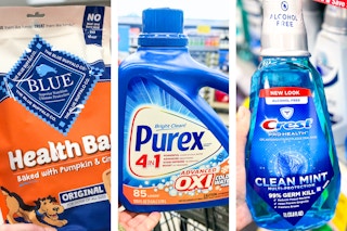 collage with crest, purex, and blue buffalo