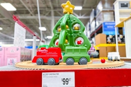step2 christmas tree and motorized train set display in store
