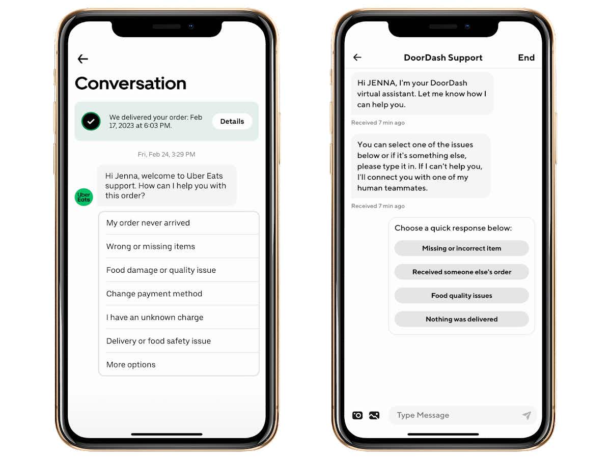 two smartphones side by side: on the left shows the start of an uber eats customer service chat. On the right is the start of a DoorDash ...