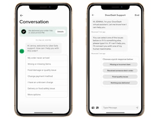two smartphones side by side: on the left shows the start of an uber eats customer service chat. On the right is the start of a DoorDash ...