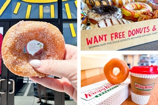 three images of a person holding a donut, and box of donuts and a donut and coffee