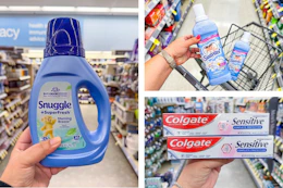 walgreens snuggle, suavitel, colgate 3-photo collage