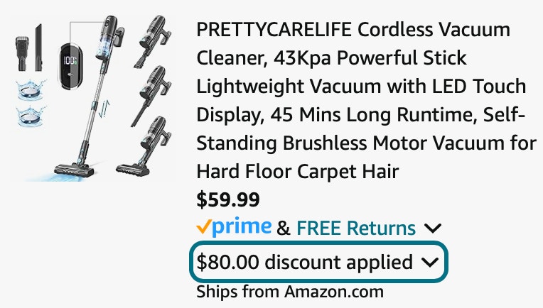 PRETTYCARELIFE Cordless Vacuum Cleaner, 43Kpa Powerful Stick Lightweight Vacuum with LED Touch Display