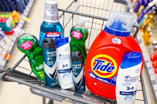 palmolive dish soap, crest mouthwash, degree deodorant, head & shoulders shampoo, and tide detergent in a cart