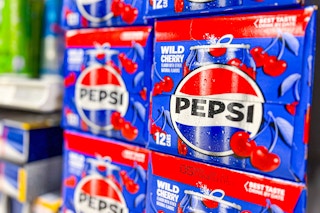 12 packs of wild cherry pepsi on a shelf