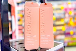 2 monday haircare leave-in conditioners on a shelf