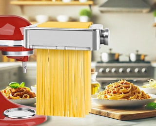 pasta going through a pasta maker on a KitchenAid mixer on a table