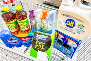 costco-houshold-essentials-all-detergent-swiffer-dry-cloth-clorox-wipes-febreze-pine-sol-windex-in-cart