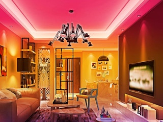 a room with red and orange lights