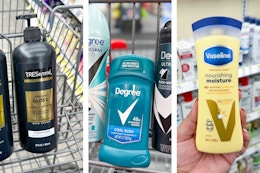 collage image of shampoo, deodorant, and lotion