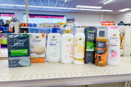 dove bar soaps and body washes on a shelf