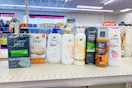 dove bar soaps and body washes on a shelf