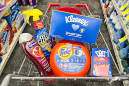 softsoap body wash, oxiclean laundry spray, tide pods, kleenex tissues, and pop tarts in a cart
