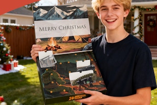 Boy holding the Survival Kit Advent Calendar 2025 for Adult - 24-Day Christmas outside.