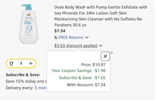Dove body wash Amazon receipt