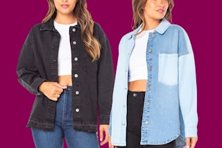 A black and blue denim jacket on a maroon background