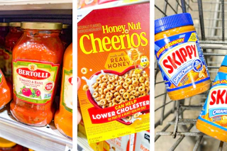 collage image of bertolli pasta sauce, cheerios cereal, and skippy peanut butter