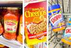 collage image of bertolli pasta sauce, cheerios cereal, and skippy peanut butter