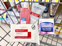 loreal wipes, moisturizer, and other skincare in a cart