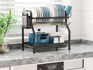 metal dish rack on a counter