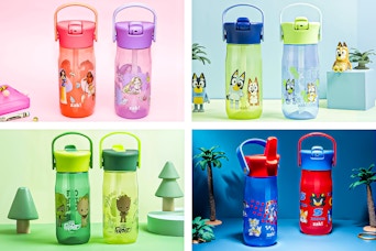4 lifestyle images of Zak Designs water bottles in different character themes